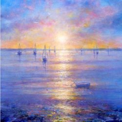 harbour sunset art greeting card for sale